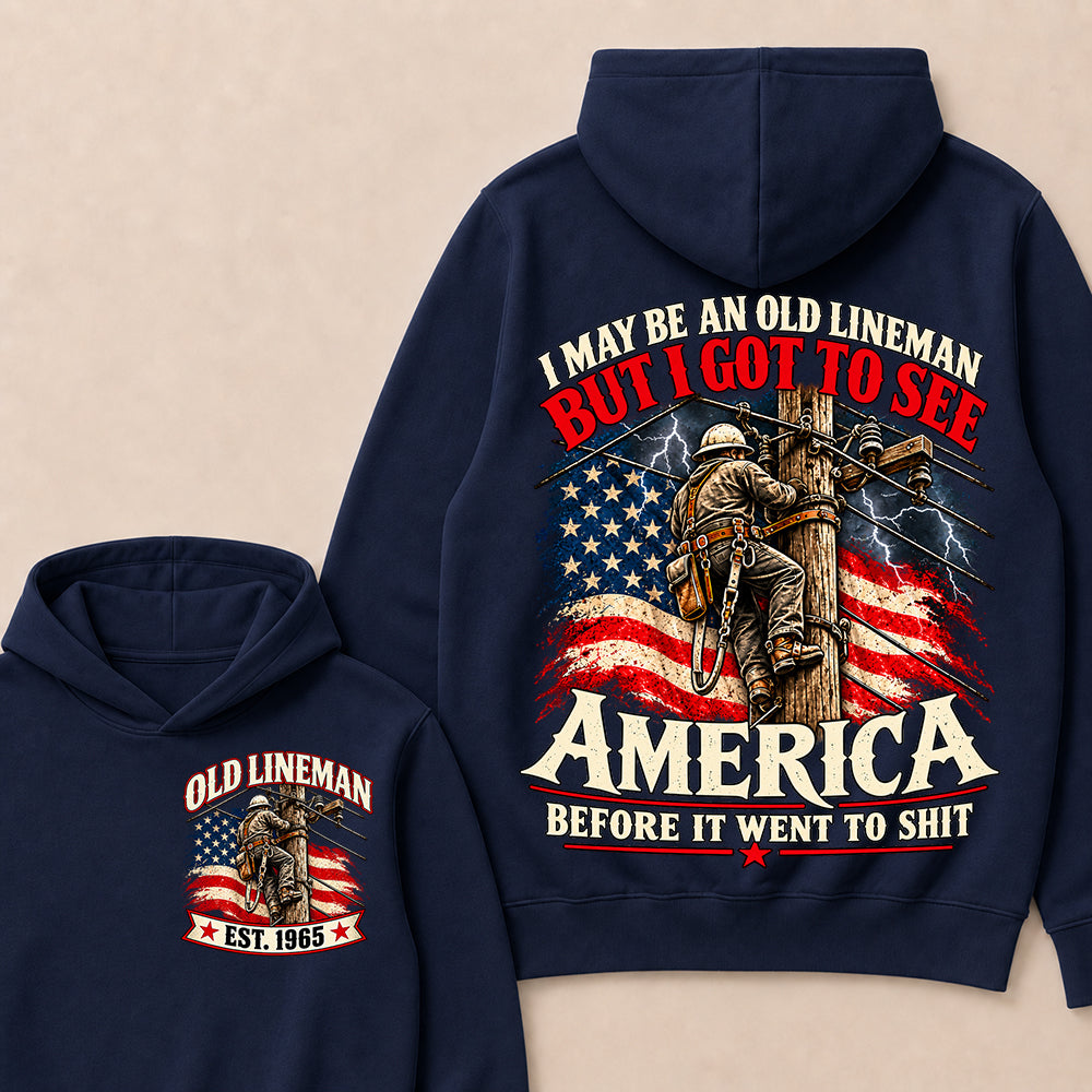 Funny Old Lineman American Flag Hoodie, Vintage Electrician Lineman Gift, Patriotic USA Powerline Worker Tee, Retro 1965 Lineman Hoodie