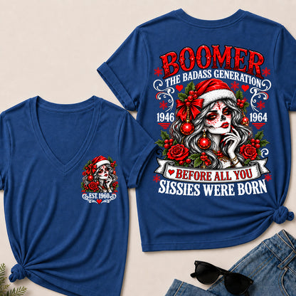 Boomer The Badass Generation – Christmas Sugar Skull Women's V-Neck T-Shirt