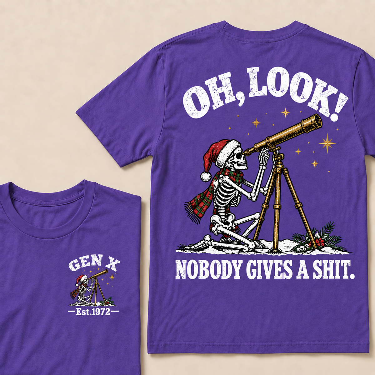 Oh Look! Nobody Gives a Shit – Gen X Custom EST. Year Christmas Skeleton & Telescope T-Shirt