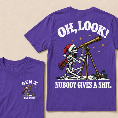 Oh Look! Nobody Gives a Shit – Gen X Custom EST. Year Christmas Skeleton & Telescope T-Shirt