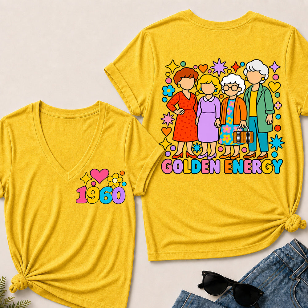 Golden Energy – Custom Birth Year Colorful Ladies Women’s V-Neck T-Shirt