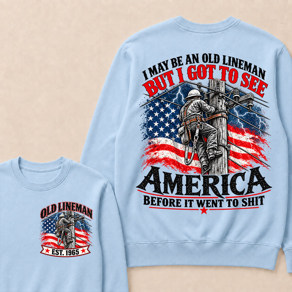 Funny Old Lineman American Flag Crewneck, Vintage Electrician Lineman Gift, Patriotic USA Powerline Worker Tee, Retro 1965 Lineman Crewneck