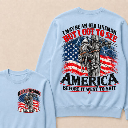 Funny Old Lineman American Flag Crewneck, Vintage Electrician Lineman Gift, Patriotic USA Powerline Worker Tee, Retro 1965 Lineman Crewneck