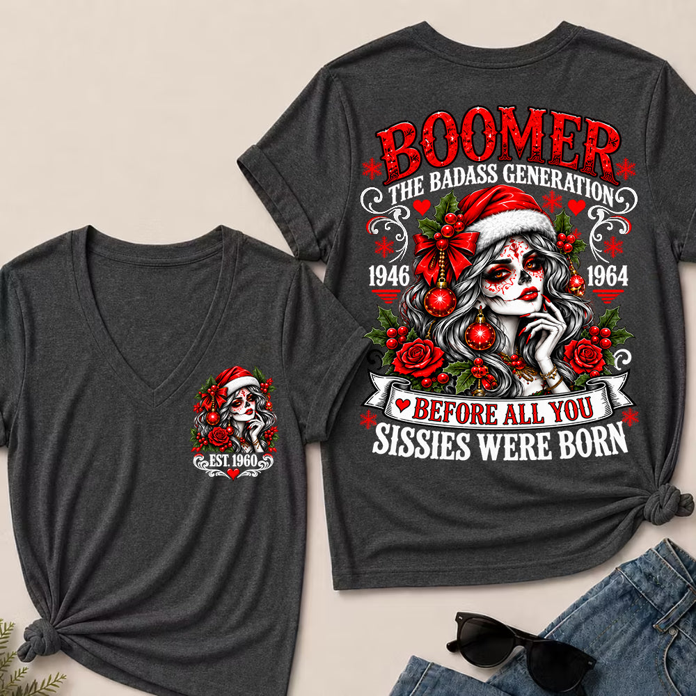 Boomer The Badass Generation – Christmas Sugar Skull Women's V-Neck T-Shirt