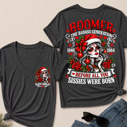 Boomer The Badass Generation – Christmas Sugar Skull Women's V-Neck T-Shirt