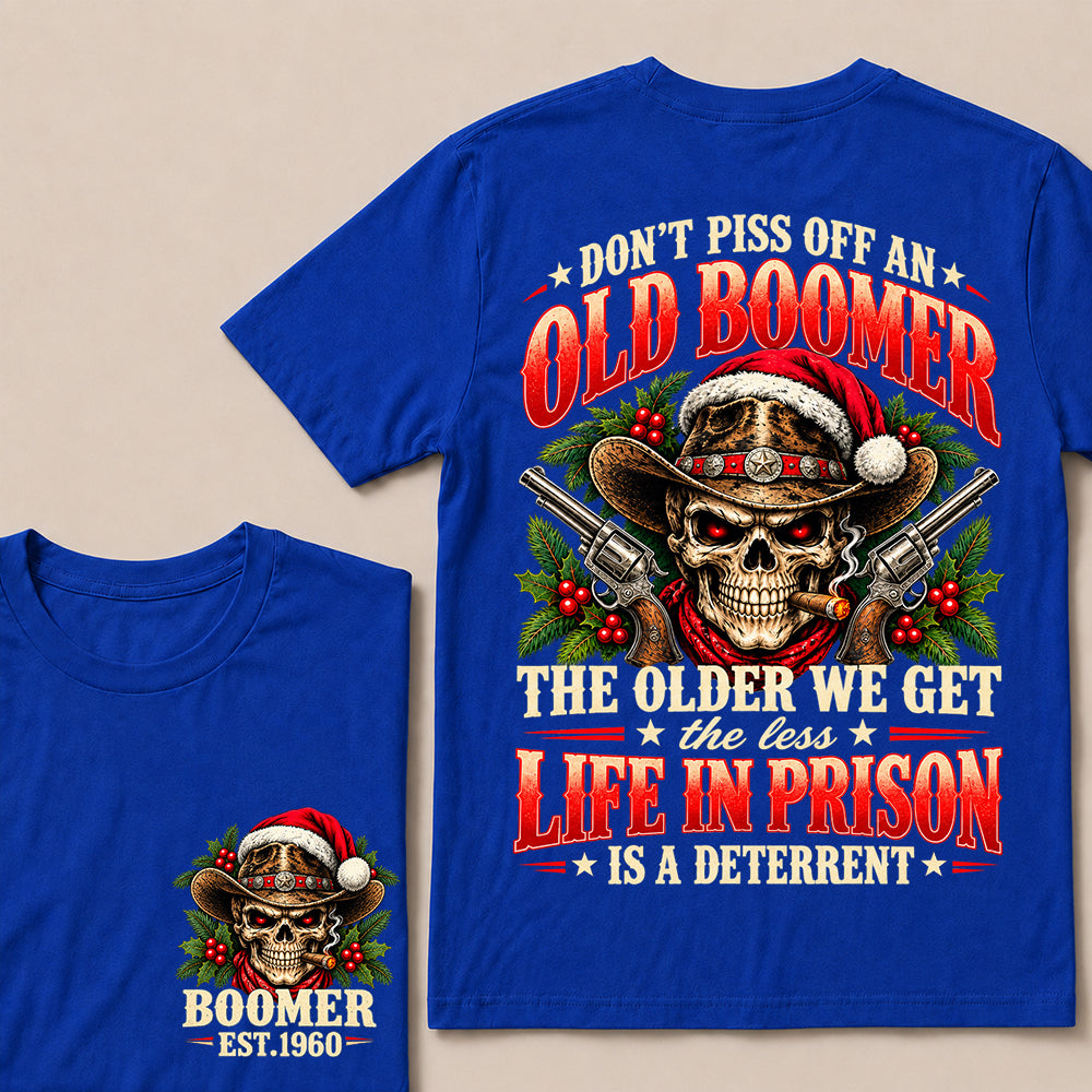 Don’t Piss Off an Old Boomer – Custom EST.Year Christmas Cowboy Skull & Crossed Revolvers T-Shirt