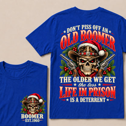 Don’t Piss Off an Old Boomer – Custom EST.Year Christmas Cowboy Skull & Crossed Revolvers T-Shirt