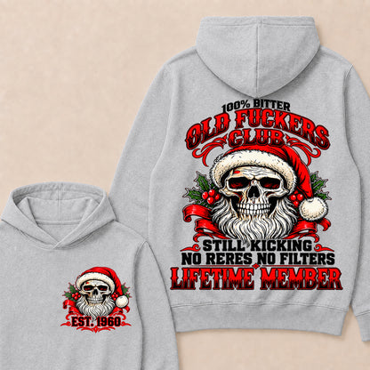 100% Bitter Old Fuckers Club Lifetime Member – Custom EST.Year Christmas Santa Skull Hoodie
