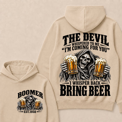 The Devil Whispered To Me I'm Coming For You I Whisper Back Bring Beer EST.Year Vintage Skull Beer Graphic Hoodie