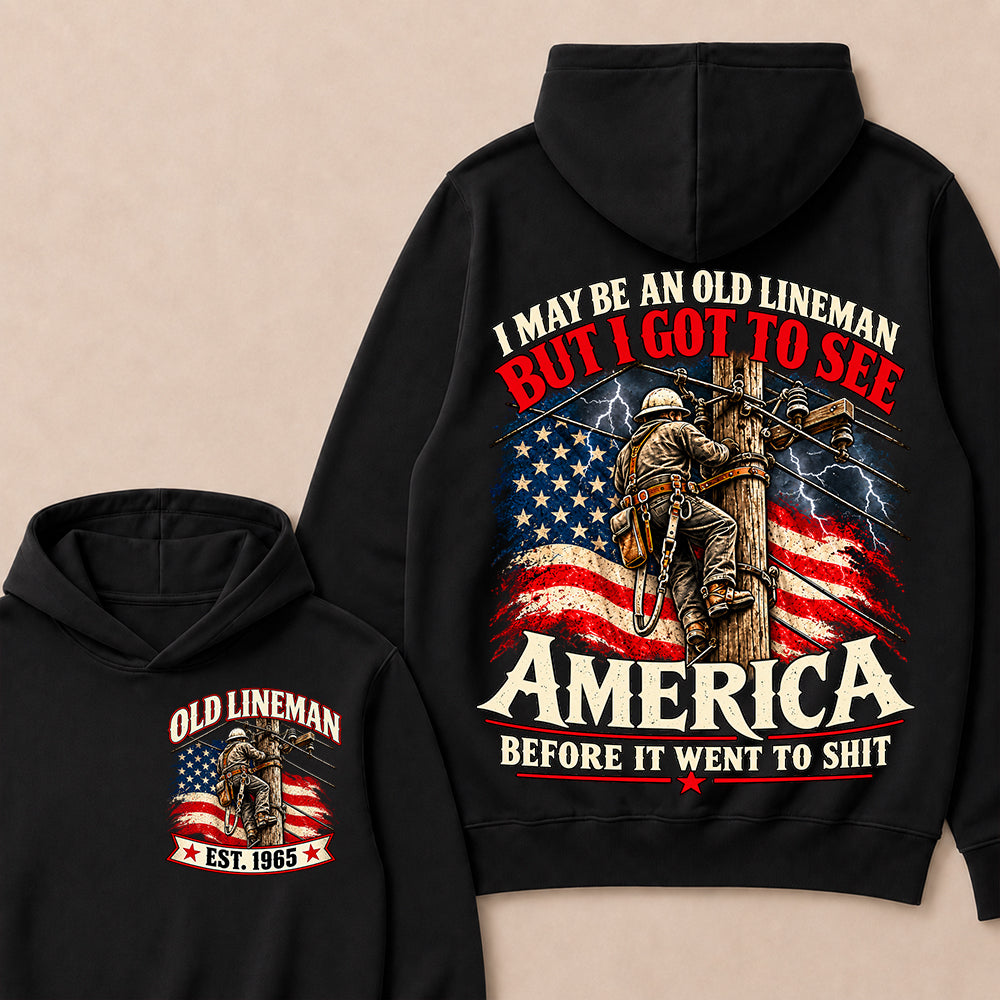 Funny Old Lineman American Flag Hoodie, Vintage Electrician Lineman Gift, Patriotic USA Powerline Worker Tee, Retro 1965 Lineman Hoodie