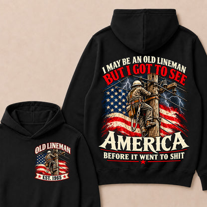 Funny Old Lineman American Flag Hoodie, Vintage Electrician Lineman Gift, Patriotic USA Powerline Worker Tee, Retro 1965 Lineman Hoodie