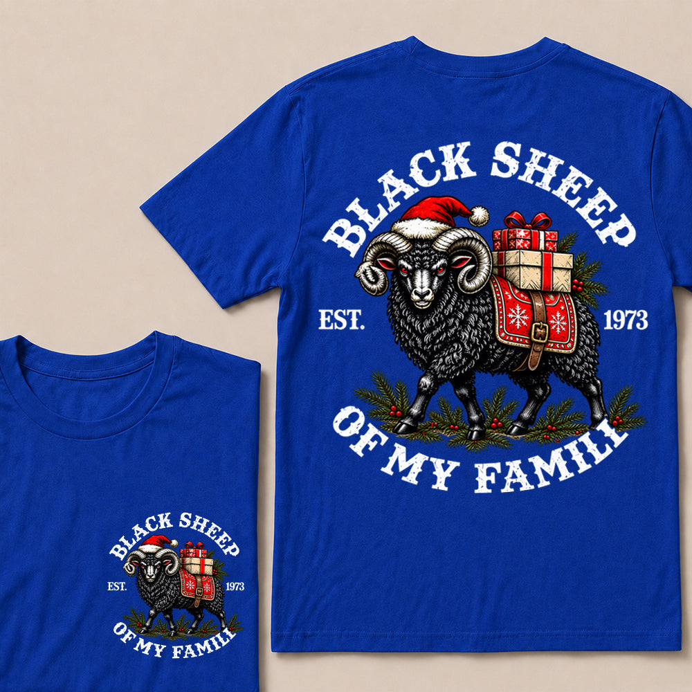 Black Sheep of My Family – Custom EST. Year Christmas Ram & Gifts Graphic T-Shirt