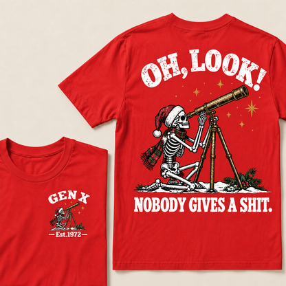 Oh Look! Nobody Gives a Shit – Gen X Custom EST. Year Christmas Skeleton & Telescope T-Shirt