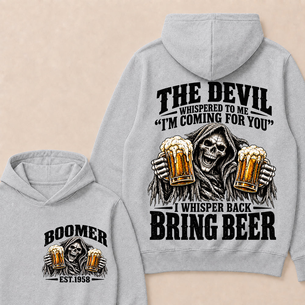 The Devil Whispered To Me I'm Coming For You I Whisper Back Bring Beer EST.Year Vintage Skull Beer Graphic Hoodie