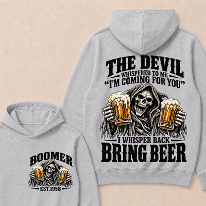 The Devil Whispered To Me I'm Coming For You I Whisper Back Bring Beer EST.Year Vintage Skull Beer Graphic Hoodie