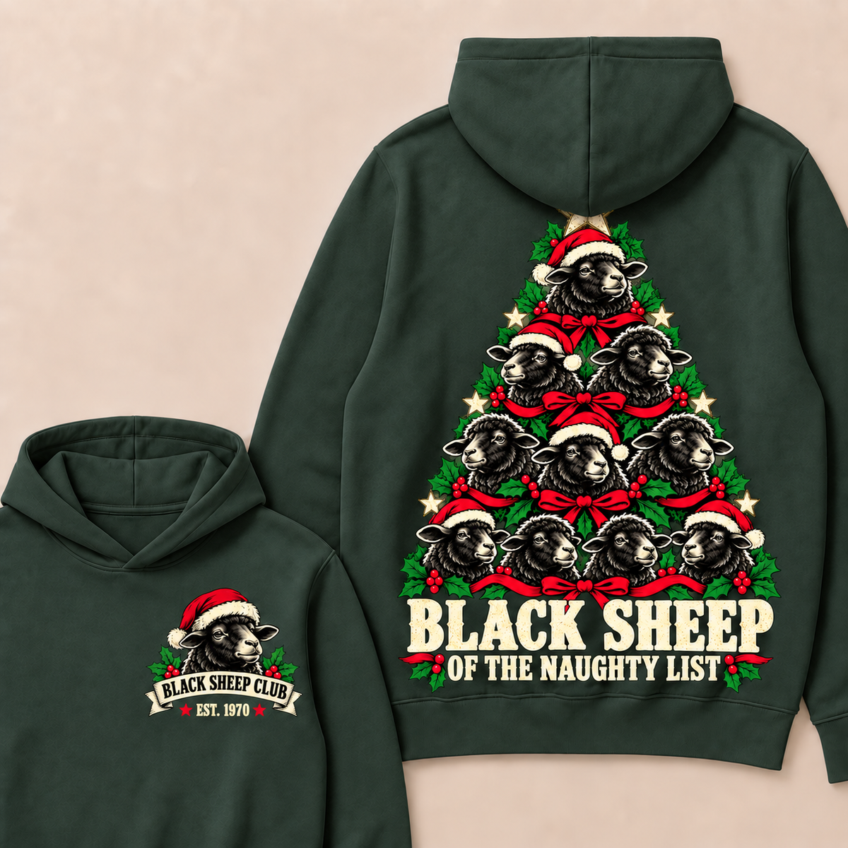 Black Sheep of the Naughty List – Custom EST. Year Black Sheep Christmas Tree Hoodie