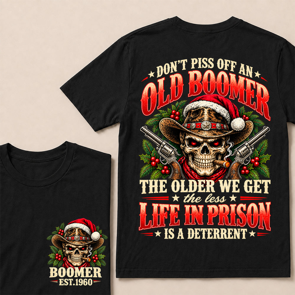 Don’t Piss Off an Old Boomer – Custom EST.Year Christmas Cowboy Skull & Crossed Revolvers T-Shirt