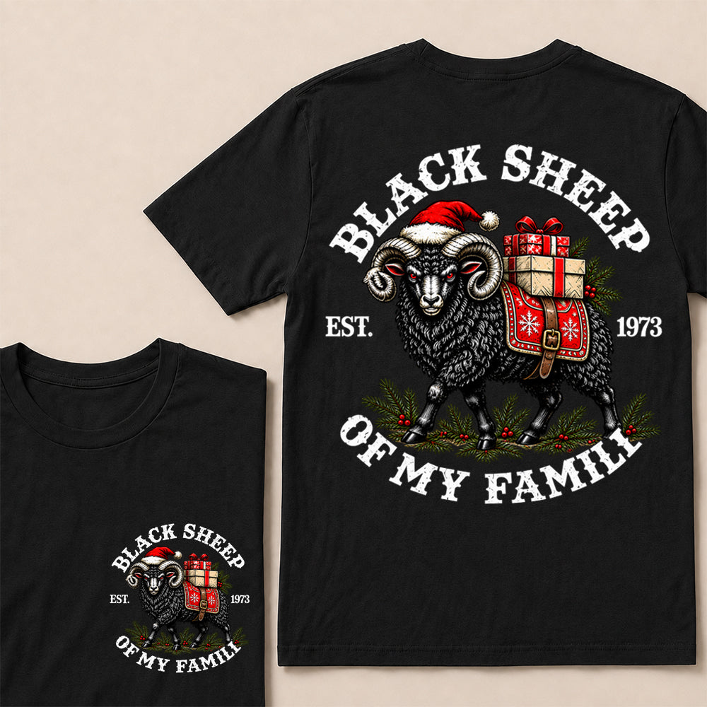 Black Sheep of My Family – Custom EST. Year Christmas Ram & Gifts Graphic T-Shirt