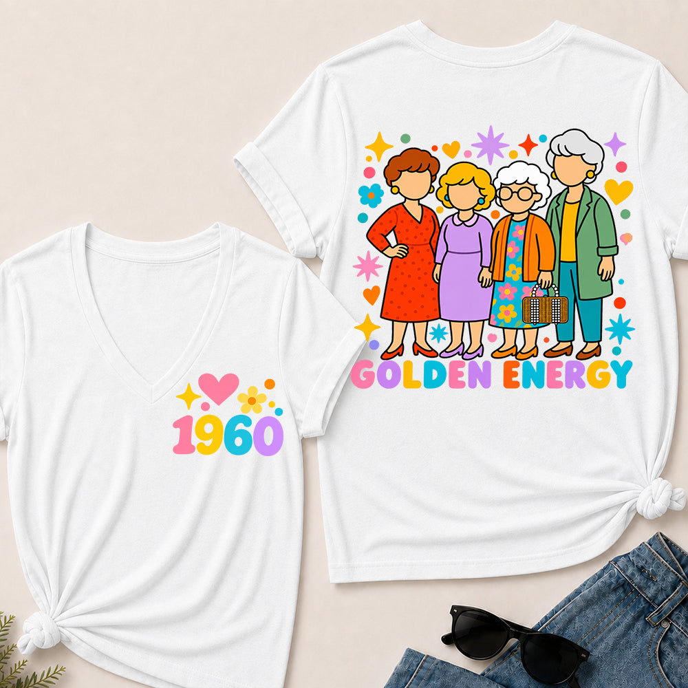 Golden Energy – Custom Birth Year Colorful Ladies Women’s V-Neck T-Shirt