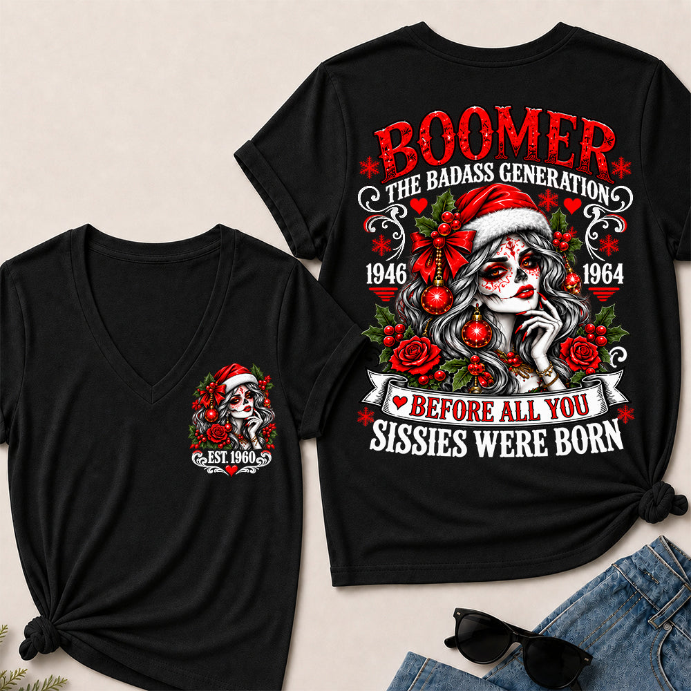 Boomer The Badass Generation – Christmas Sugar Skull Women's V-Neck T-Shirt