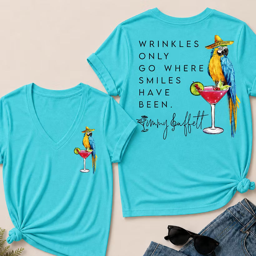 Wrinkles Only Go Where Smiles Have Been – Jimmy Buffett Tribute V-Neck Tee