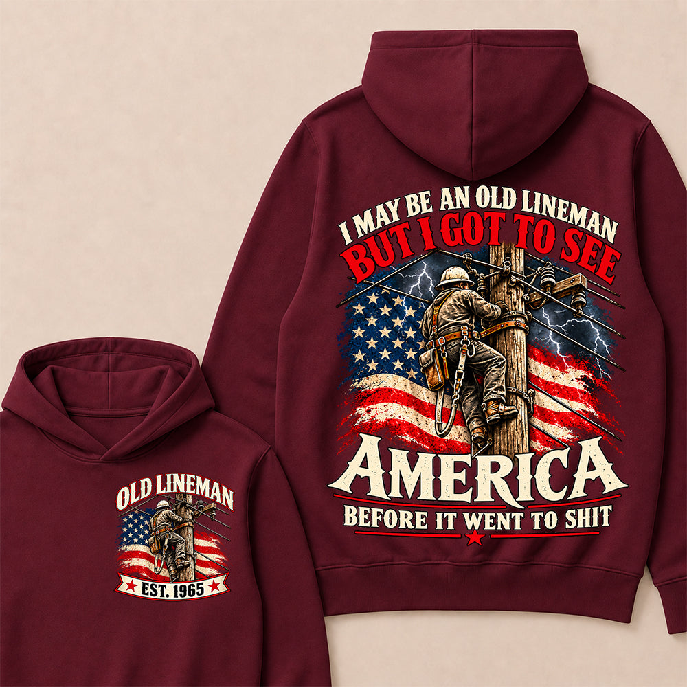 Funny Old Lineman American Flag Hoodie, Vintage Electrician Lineman Gift, Patriotic USA Powerline Worker Tee, Retro 1965 Lineman Hoodie