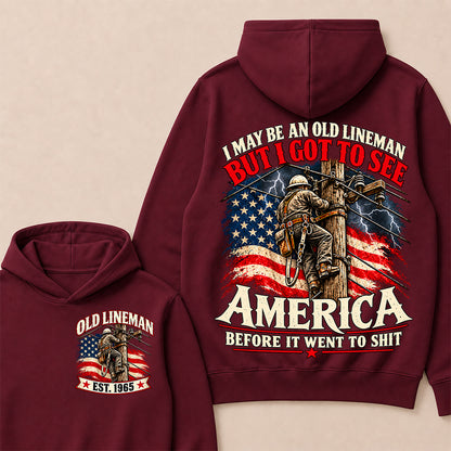 Funny Old Lineman American Flag Hoodie, Vintage Electrician Lineman Gift, Patriotic USA Powerline Worker Tee, Retro 1965 Lineman Hoodie