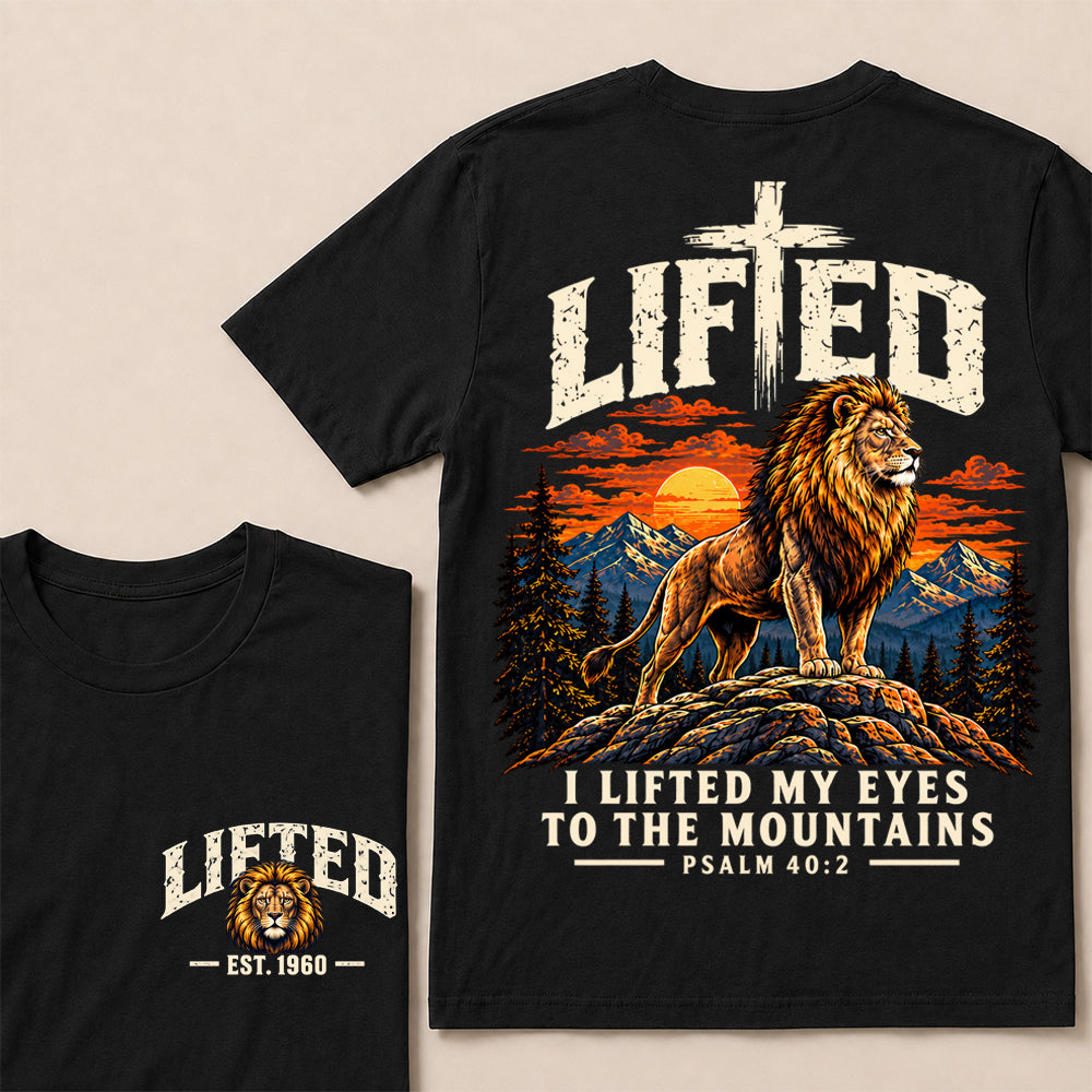 Lifted I Lifted My Eyes to the Mountains – Custom EST.Year Lion & Mountain Christian Graphic T-Shirt