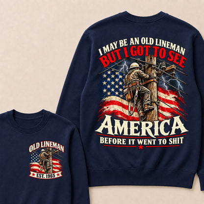 Funny Old Lineman American Flag Crewneck, Vintage Electrician Lineman Gift, Patriotic USA Powerline Worker Tee, Retro 1965 Lineman Crewneck