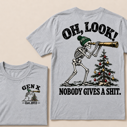 Oh Look! Nobody Gives a Shit – Gen X Custom EST. Year Skeleton, Telescope & Christmas Tree T-Shirt