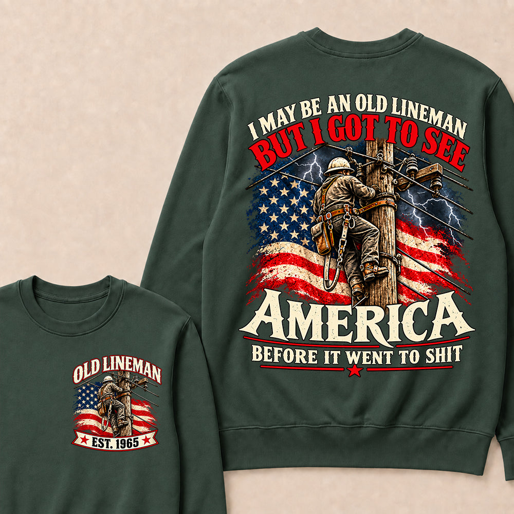 Funny Old Lineman American Flag Crewneck, Vintage Electrician Lineman Gift, Patriotic USA Powerline Worker Tee, Retro 1965 Lineman Crewneck