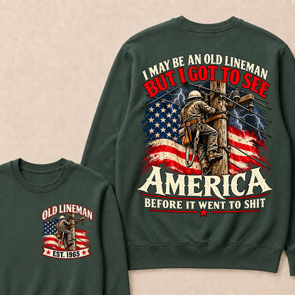 Funny Old Lineman American Flag Crewneck, Vintage Electrician Lineman Gift, Patriotic USA Powerline Worker Tee, Retro 1965 Lineman Crewneck