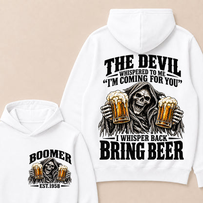 The Devil Whispered To Me I'm Coming For You I Whisper Back Bring Beer EST.Year Vintage Skull Beer Graphic Hoodie