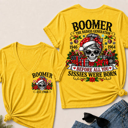 Boomer The Badass Generation – Christmas Leopard Skull Women's V-Neck T-Shirt