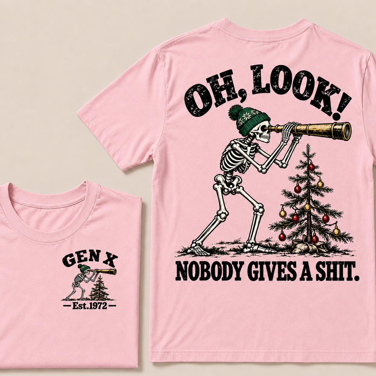 Oh Look! Nobody Gives a Shit – Gen X Custom EST. Year Skeleton, Telescope & Christmas Tree T-Shirt