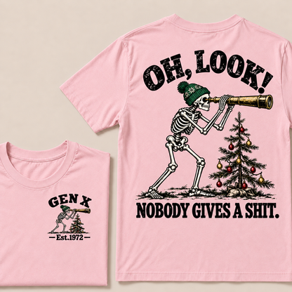 Oh Look! Nobody Gives a Shit – Gen X Custom EST. Year Skeleton, Telescope & Christmas Tree T-Shirt