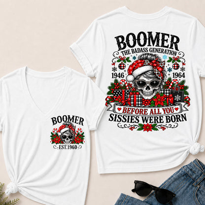 Boomer The Badass Generation – Christmas Leopard Skull Women's V-Neck T-Shirt