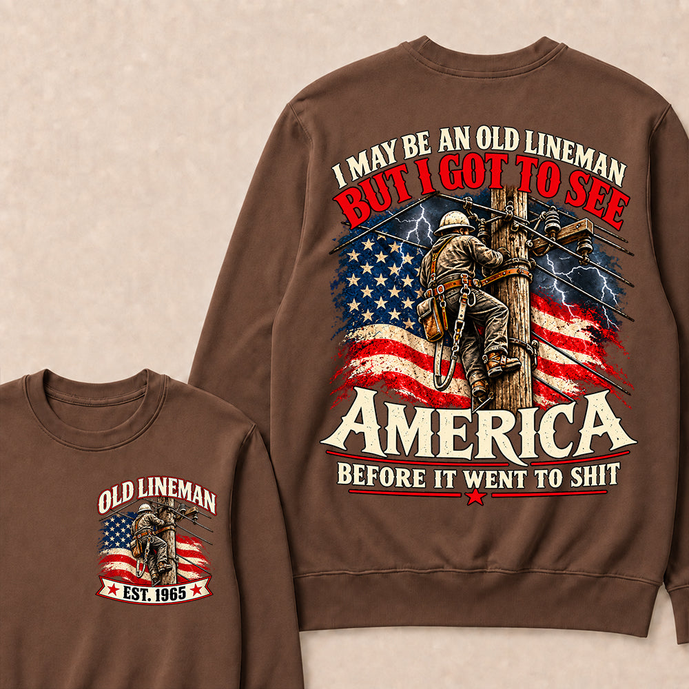 Funny Old Lineman American Flag Crewneck, Vintage Electrician Lineman Gift, Patriotic USA Powerline Worker Tee, Retro 1965 Lineman Crewneck