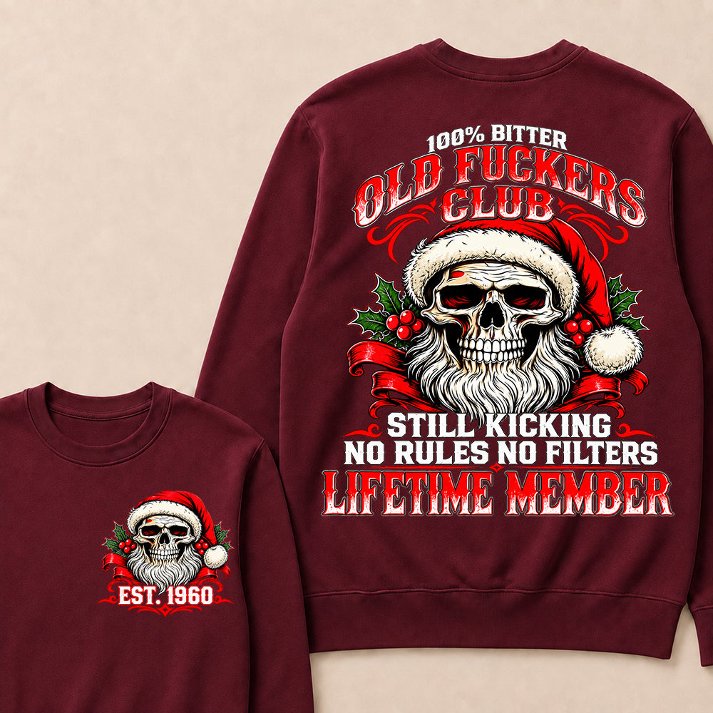 100% Bitter Old Fuckers Club Lifetime Member – Custom EST.Year Christmas Santa Skull Sweatshirt