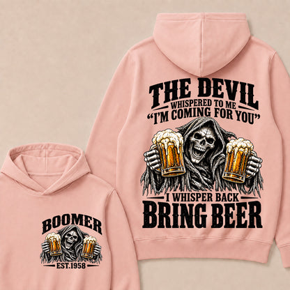 The Devil Whispered To Me I'm Coming For You I Whisper Back Bring Beer EST.Year Vintage Skull Beer Graphic Hoodie