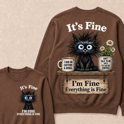 "It's Fine, I'm Fine, Everything Is Fine" Black Cat V-Neck T-Shirt | Caffeine & Denial Crewneck