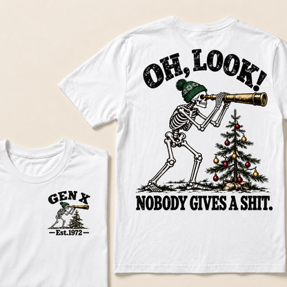 Oh Look! Nobody Gives a Shit – Gen X Custom EST. Year Skeleton, Telescope & Christmas Tree T-Shirt