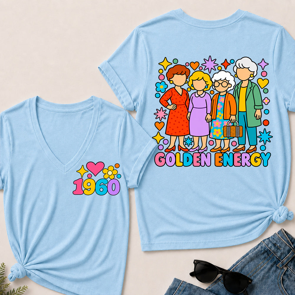 Golden Energy – Custom Birth Year Colorful Ladies Women’s V-Neck T-Shirt