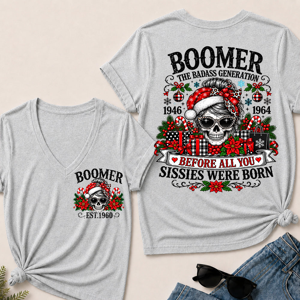 Boomer The Badass Generation – Christmas Leopard Skull Women's V-Neck T-Shirt