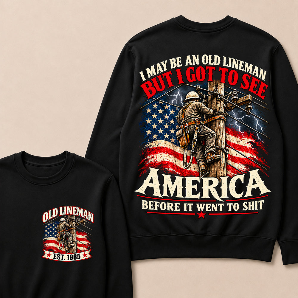 Funny Old Lineman American Flag Crewneck, Vintage Electrician Lineman Gift, Patriotic USA Powerline Worker Tee, Retro 1965 Lineman Crewneck