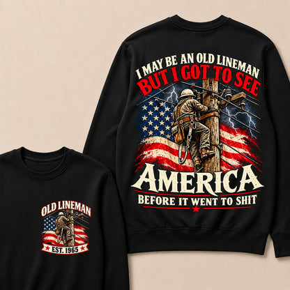 Funny Old Lineman American Flag Crewneck, Vintage Electrician Lineman Gift, Patriotic USA Powerline Worker Tee, Retro 1965 Lineman Crewneck