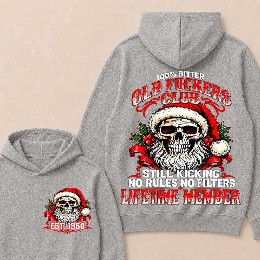 100% Bitter Old Fuckers Club Lifetime Member – Custom EST.Year Christmas Santa Skull Hoodie