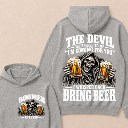 The Devil Whispered To Me I'm Coming For You I Whisper Back Bring Beer EST.Year Vintage Skull Beer Graphic Hoodie