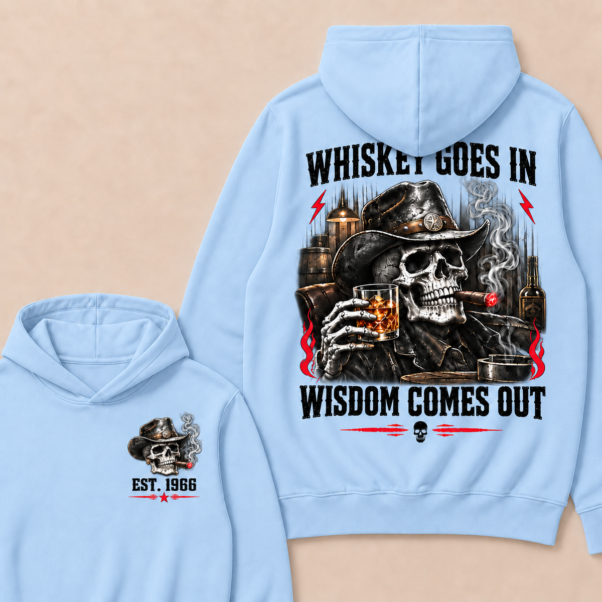 "Whiskey Goes In, Wisdom Comes Out"–Custom EST.Year Cowboy Skull & Cigar Hoodie