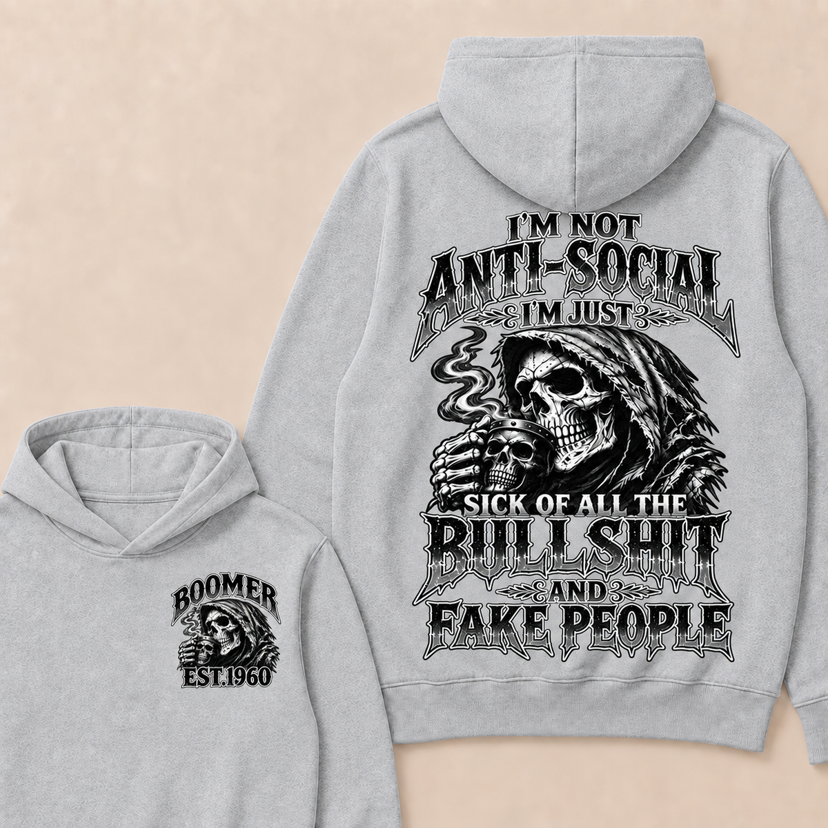 Custom EST.Year I'm Not Anti-Social I'm Just Sick Of All The Bullshit And Fake People – Boomer Vintage Skull Graphic Hoodie
